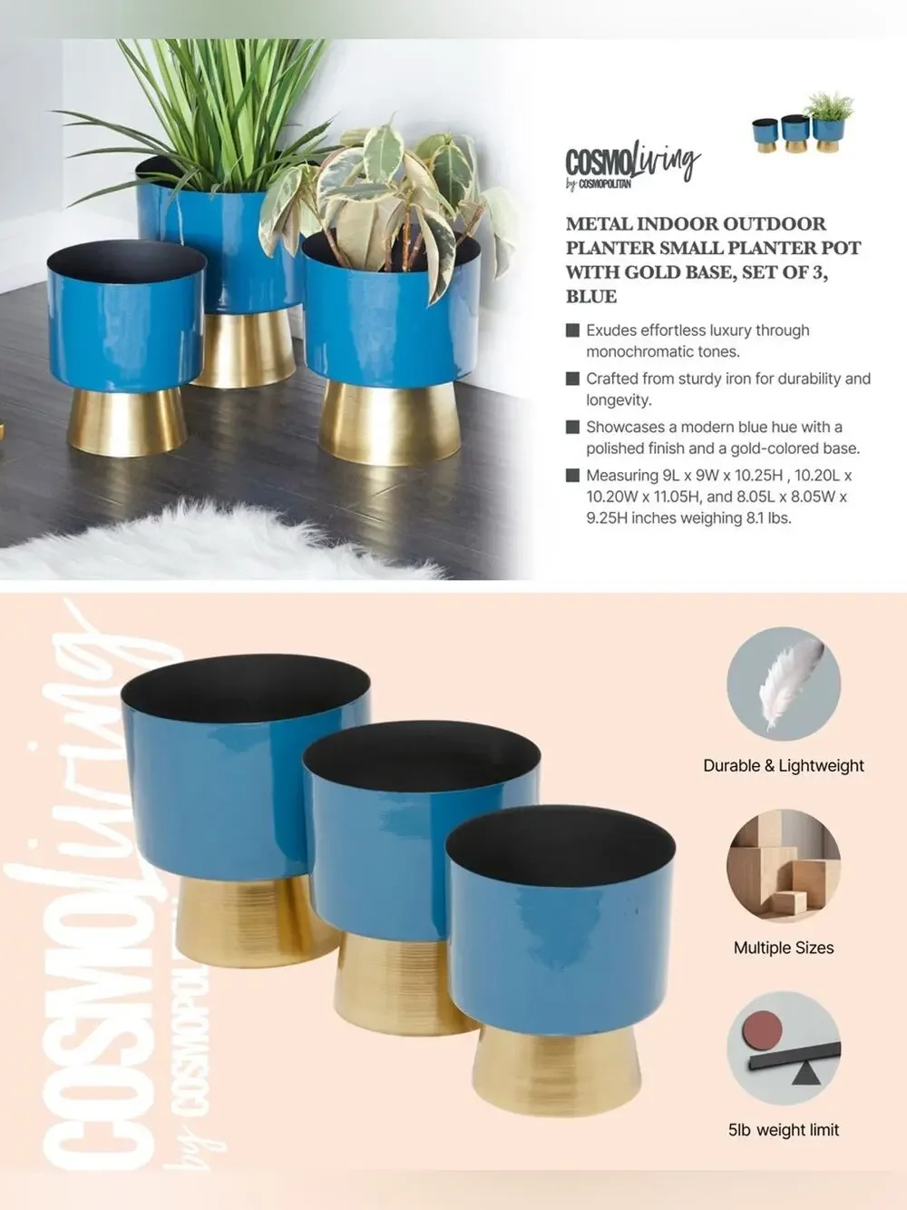 CosmoLiving NEW Blue & Gold Metal Planter 3/SET Modern Home Decor Indoor/Outdoor
